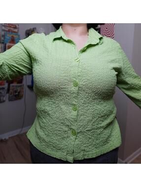 Sage Green Crinkle Textured Button Up Relaxed Fit Cottagecore Y2K Plus Size XXL